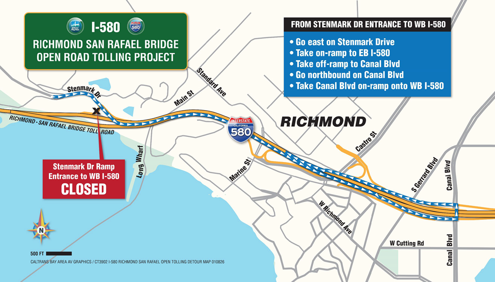 Detour map for closure of Stenmark Drive on ramp to WB-I580. From Stenmark Dr. Entrance to Westbound I-580: Go east on Stenmark Drive. Take on-ramp to Eastbound I-580. Take off-ramp to Canal Boulevard. Go northbound on Canal Boulevard. Take Canal Boulevard on-ramp onto Westbound I-580.