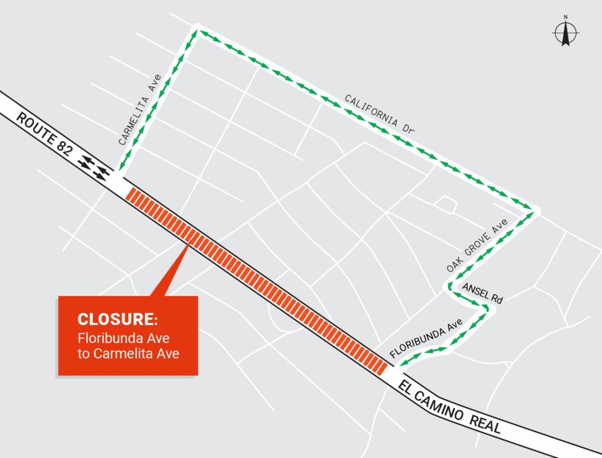 El Camino Real Roadway Renewal detour map. Floribunda to Carmelita Ave closure, driving north on El Camino Real, turn right on Floribunda, left on Ansel, right on Oak Grove, left on California, left on Carmelita, and right on El Camino Real. Driving south on El Camino Real, turn left on Carmelita, right on California, right on Oak Grove, and left on Ansel, right on Floribunda, and left El Camino Real.