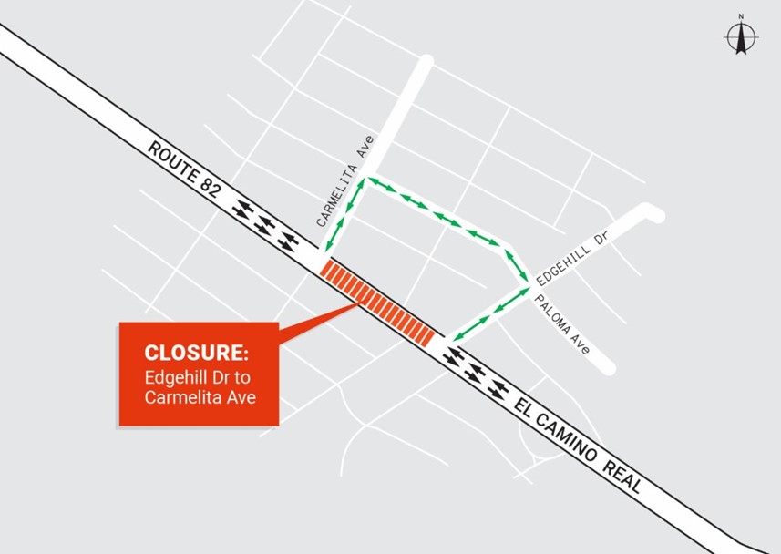 El Camino Real Roadway Renewal detour map. Edghill to Carmelita Ave closure, driving north on El Camino Real, turn right on Edgehill, left on Paloma, left on Carmelita, and right on El Camino Real. Driving south on El Camino Real, turn left on Carmelita, right on Paloma, right on Edgehill, and left on El Camino Real.