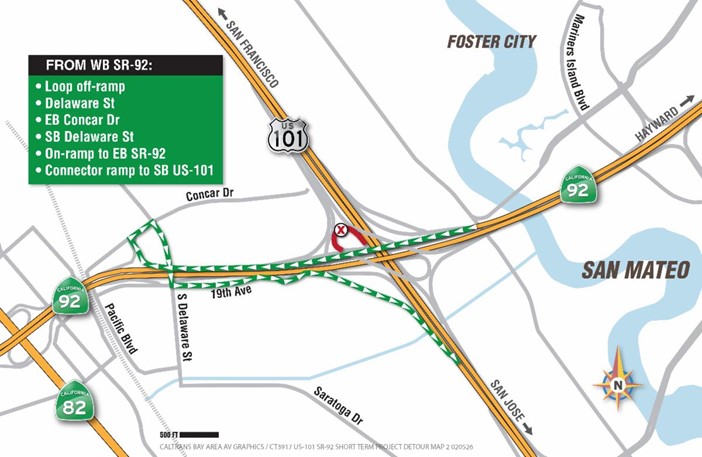 U.S. 101 and SR-92 Interchange Nighttime Ramp Closures detour map. From Westbound State Route 92, take the loop off-ramp to Delaware St, turn right on Concar, turn right onto South Delaware, merge onto eastbound SR-92 and access the off-ramp to southbound U.S. 101.