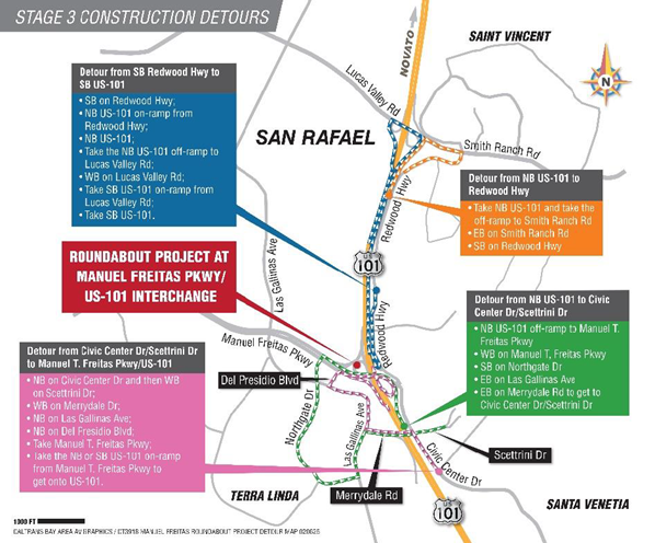 Stage 3 construction detour map for the full closure of Civic Center Drive on US 101 as part of the Manuel T. Freitas Parkway Roundabout Project in San Rafael. Detour routes listed below.