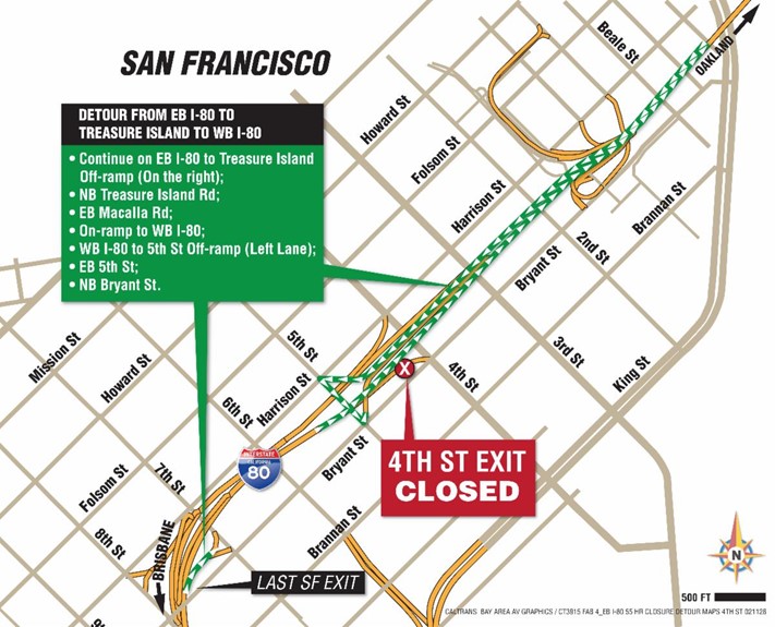 Detour map for Weekend Closure of EB I-80 Bayshore Freeway 4th St. Off-ramp. 4th Street exit closed. Detour from Eastbound I-80 to Treasure Island to Westbound I-80. Continue on EB I-80 to Treasure Island Off-ramp (On the right). Northbound Treasure Island Road; Eastbound Macalla Rd; On-ramp to Westbound I-80; Westbound to 5th St Off-ramp (Left-lane); Eastbound 5th St; Northbound Bryant St.
