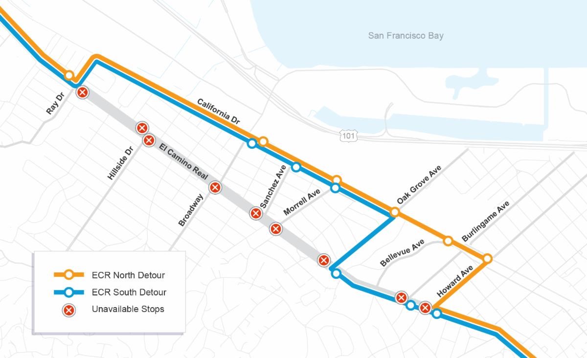 El Camino Real Roadway Renewal SamTrans Bus Stops During Detour map. For SamTrans riders, please note these temporary bus stops during the closure period and refer to their detour webpage for more information at https://www.samtrans.com/news/samtrans-reroutes-ecr-due-ongoing-construction-burlingame.