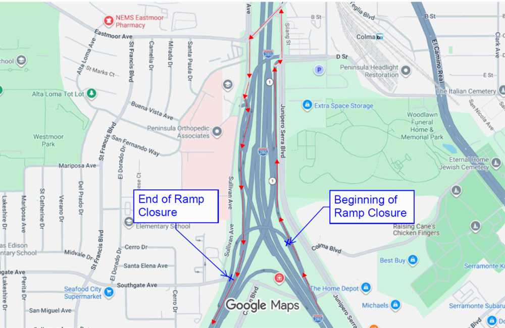 Detour map for the closure of the ramp from northbound I-280 to southbound State Route 1. Motorists should take the Junipero Serra off-ramp, turn left on Junipero Serra Blvd., turn left on San Pedro Rd., turn left on Sullivan Ave., and enter the southbound SR-1 on-ramp.