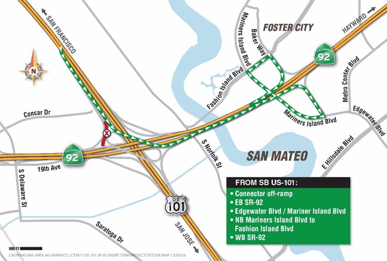 U.S. 101 and SR-92 Interchange Nighttime Ramp Closure detour map, from Southbound US 101 take the eastbound SR-92 off-ramp, take the Mariner's Island Blvd exit and turn right, turn left onto Fashion Island Blvd, and turn right to merge onto westbound SR-92.