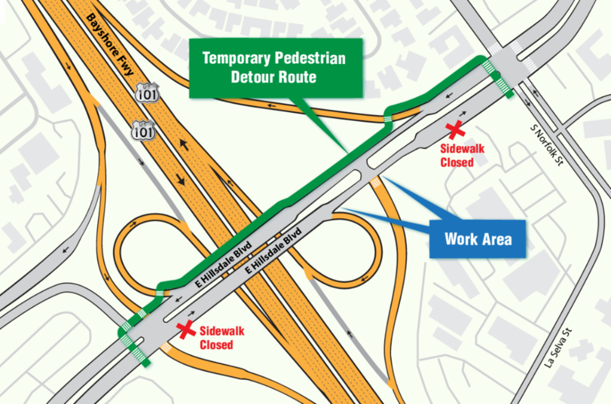U.S. 101 and SR-92 Interchange Nighttime Ramp Closure pedestrian detour map at Hillsdale Blvd.