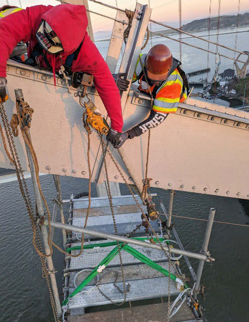 Caltrans performing essential T1 Steel Weld Inspection Project weld inspections and repairs on the Carquinez Bridge (I-80).