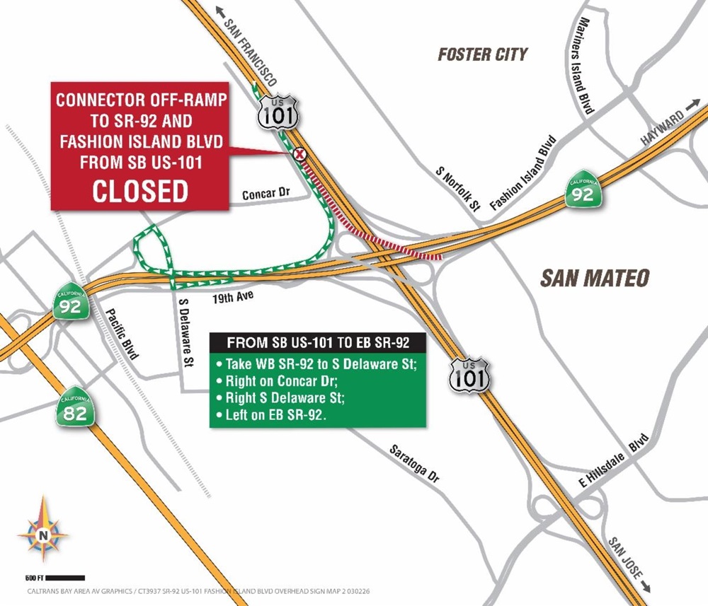 Detour map for closure of off-ramp to eastbound SR-92 from southbound US-101. Take westbound SR-92 to the South Delaware exit, turn right on Concar, right on South Delaware, and left on eastbound SR-92.