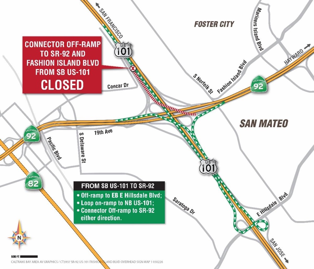 Detour map for closure of off-ramp to SR-92 and Fashion Island Blvd. from southbound US-101. Take the off-ramp to eastbound East Hillsdale Blvd, loop onto northbound U.S. 101, and take SR-92 in either direction.