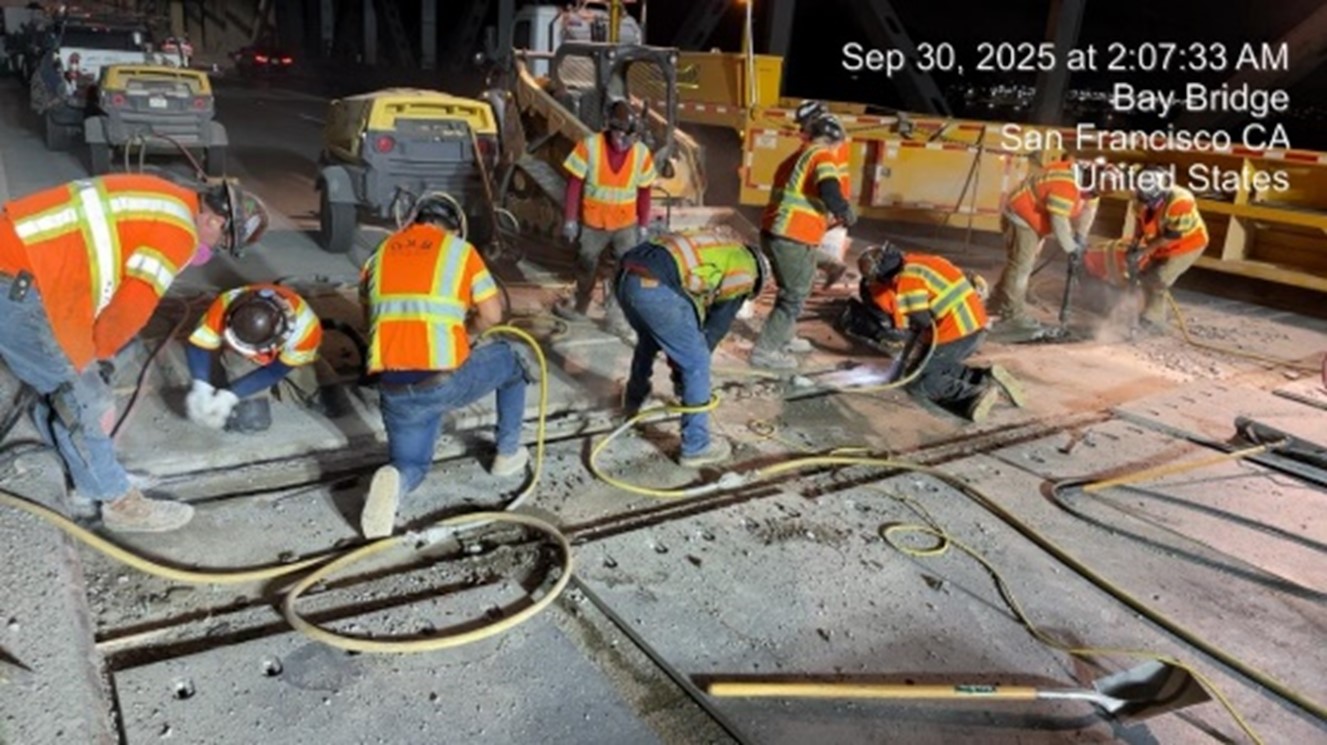 Caltrans working on the Bay Bridge as San Francisco–Oakland Bay Bridge (SFOBB) West Span Joint Rehabilitation Project Phase 2 is completed.