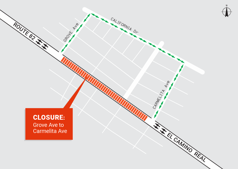 State Route 82 El Camino Real Roadway Renewal Detour map, Oak Grove to Carmelita. Driving north on El Camino Real, turn right on Oak Grove, left on California, left on Carmelita, and right on El Camino Real.   Driving south on El Camino Real, turn left on Carmelita, right on California, right on Oak Grove , and left on El Camino Real. 