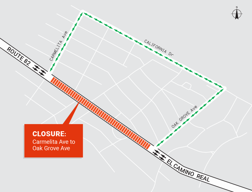 State Route 82 El Camino Real Roadway Renewal Detour map, Carmelita to Grove. Driving north on El Camino Real, turn right on Carmelita, left on California, left on Grove, and right on El Camino Real.   Driving south on El Camino Real, turn left on Grove, right on California, right on Carmelita, and left on El Camino Real. 