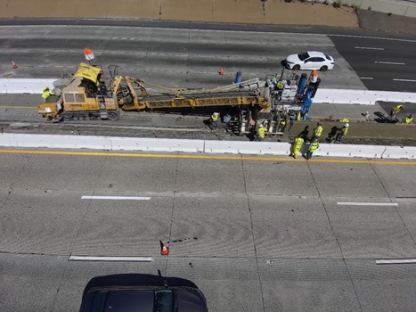 Overhead photo of the concrete being formed into the new median on US 101 in San Francisco. 