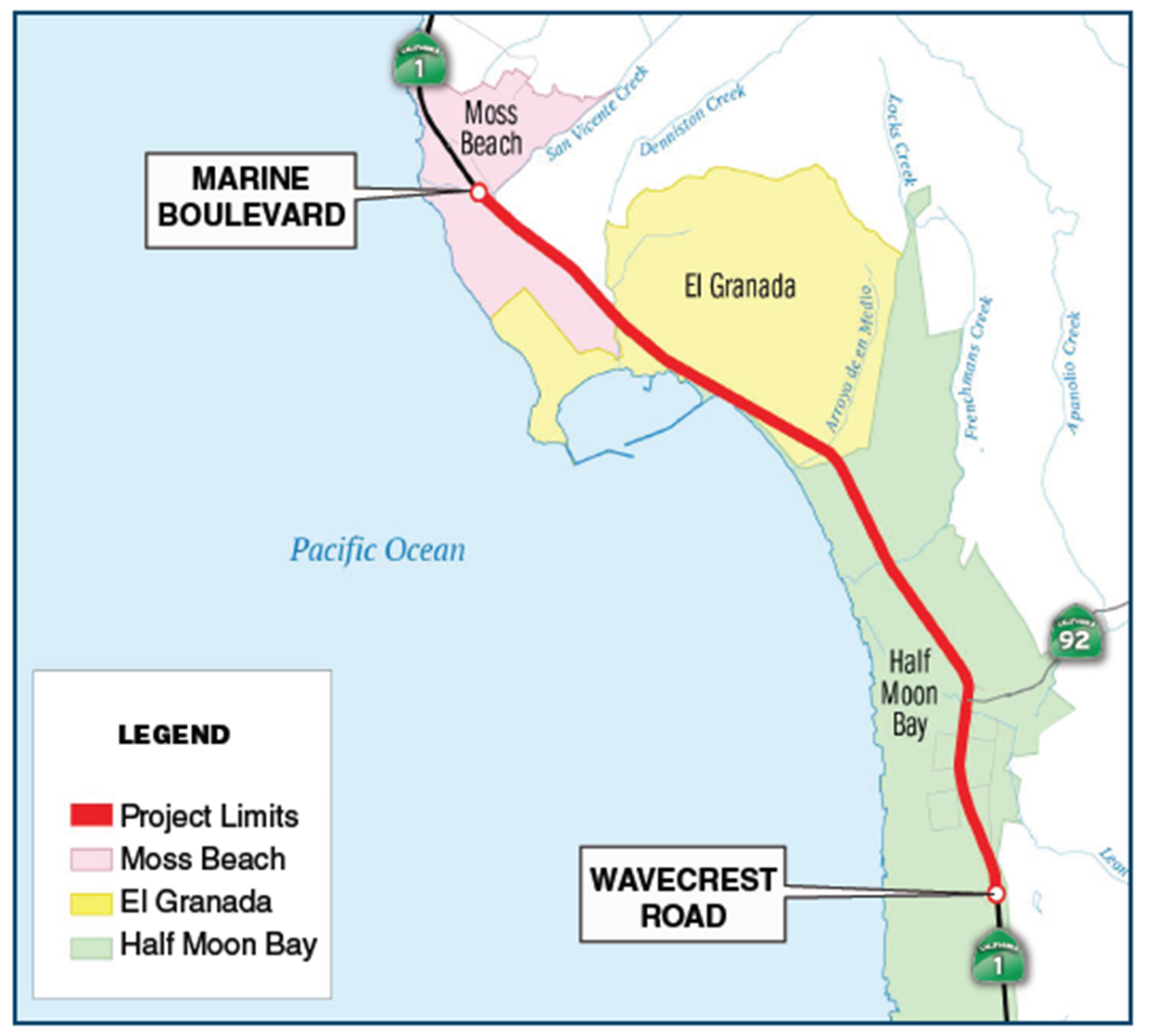 Project map showing where Electrical, Excavation, and Paving Work on SR-1 between Moss Beach and Half Moon Bay will take place.