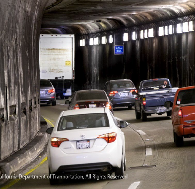 Cars traveling through the Caldecott Tunnel on State Route 24.