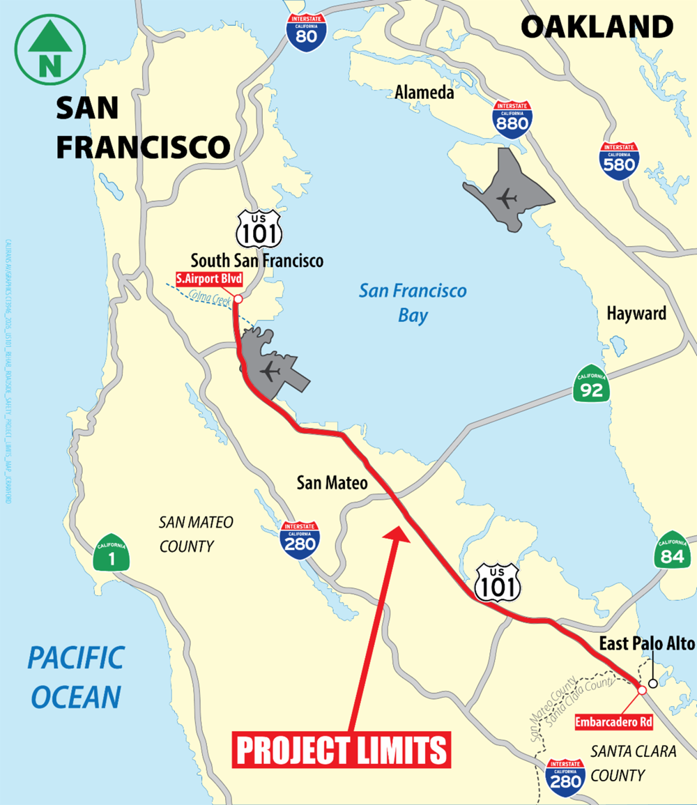 Map of the project limits on U.S. 101 between Whipple Ave. in Redwood City and Broadway Ave. in Burlingame.