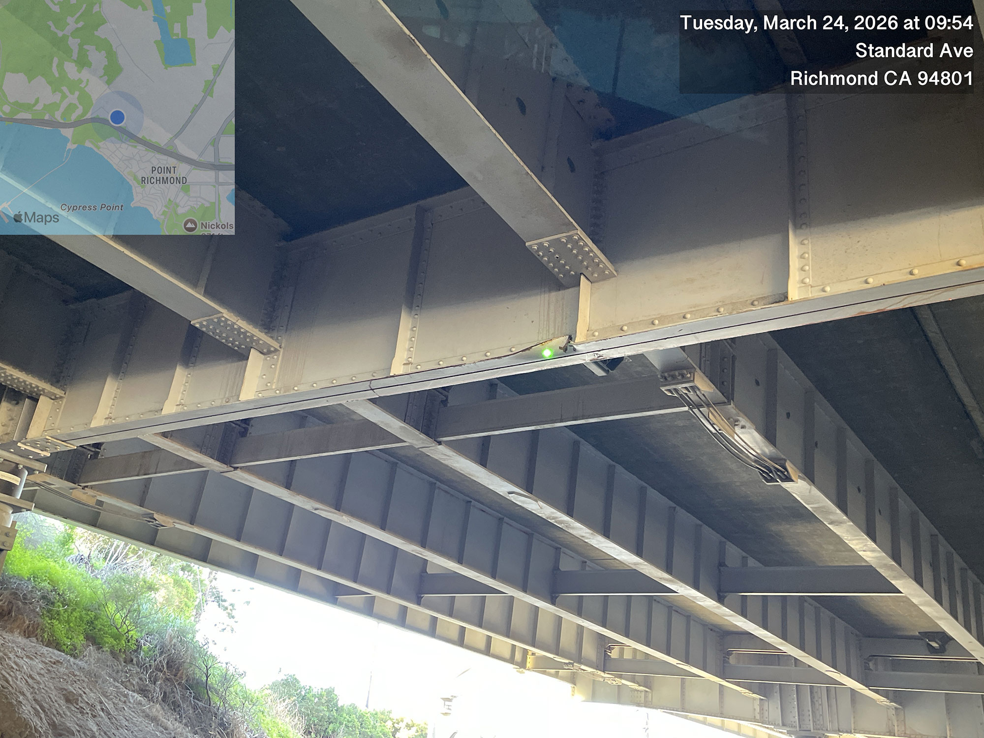 image showing location and damage of the bent cap at the Scofield Avenue Undercrossing under eastbound I-580 Richmond San Rafael bridge on the Chevron yard.