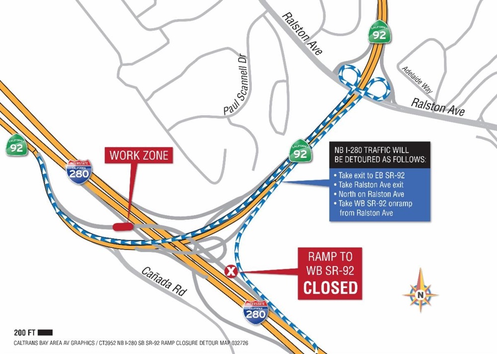 Detour map for the closure of the connector ramp from northbound I-280 to westbound SR-92. Northbound I-280 to westbound SR-92 traffic will be detoured as follows: 1. Take exit to SR-92 East. 2. Take the Ralston Ave exit . 3. Turn right to go north on Ralston Ave. 4. Take the SR-92 West onramp.