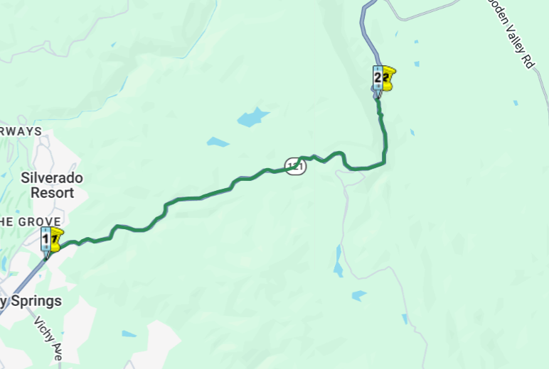 Map of State Route 121 in Napa County highlighting the stretch between Vichy Avenue and Wooden Valley Road.