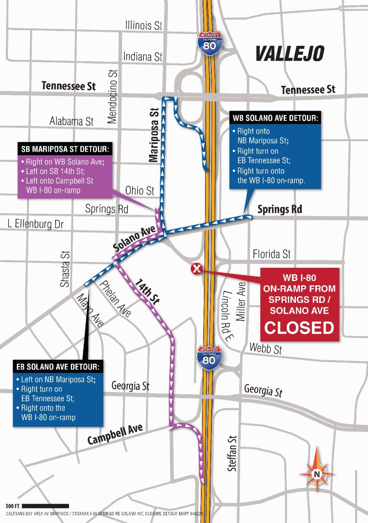 Detour map for the closure of the Solano Avenue/Spring Road On-Ramp to Westbound (WB) i-80 in Vallejo. Westbound Solano Ave Detour: Motorists traveling Westbound on Solano Avenue will need to turn right onto Mariposa Street, right turn on Tennessee Street and a right turn onto the WB I-80 on-ramp.  Eastbound Solano Ave Detour: Motorists traveling Eastbound on Solano Avenue will need to turn left on Mariposa Street, right turn on Tennessee Street and a right turn onto the WB I-80 on-ramp.  Southbound Mariposa Street Detour: Motorists traveling southbound on Mariposa Street will need to turn right on Solano Avenue, left turn on southbound 14th Street and a left turn onto the Campbell Street WB I-80 on-ramp.