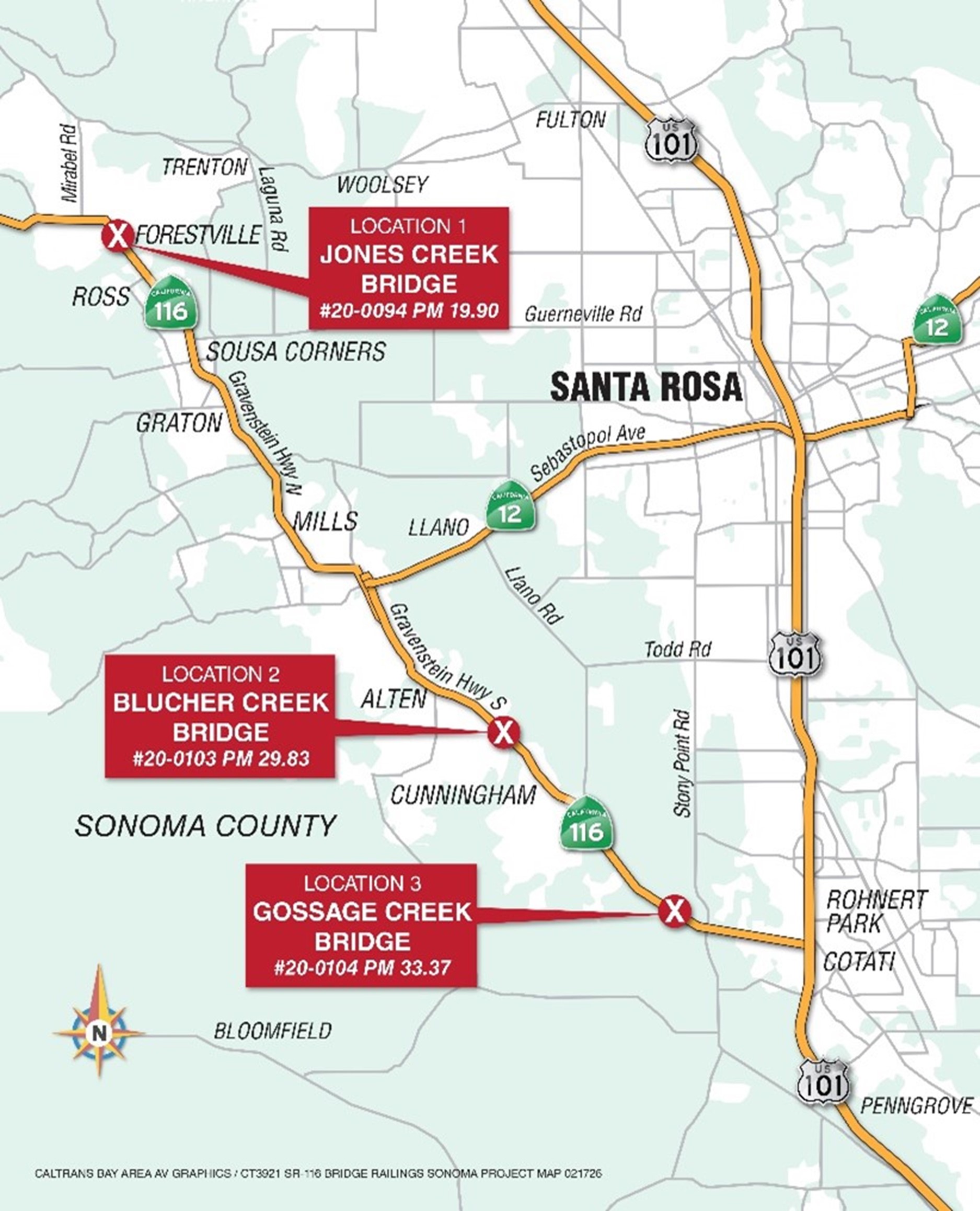 Map for One-way Traffic Control on Bridges on State Route 116, to Replace Bridge Safety Railings in Sonoma County. Location 1, Jones Creek Bridge. Location 2, Blucher Creek Bridge. Location 3, Gossage Creek Bridge.