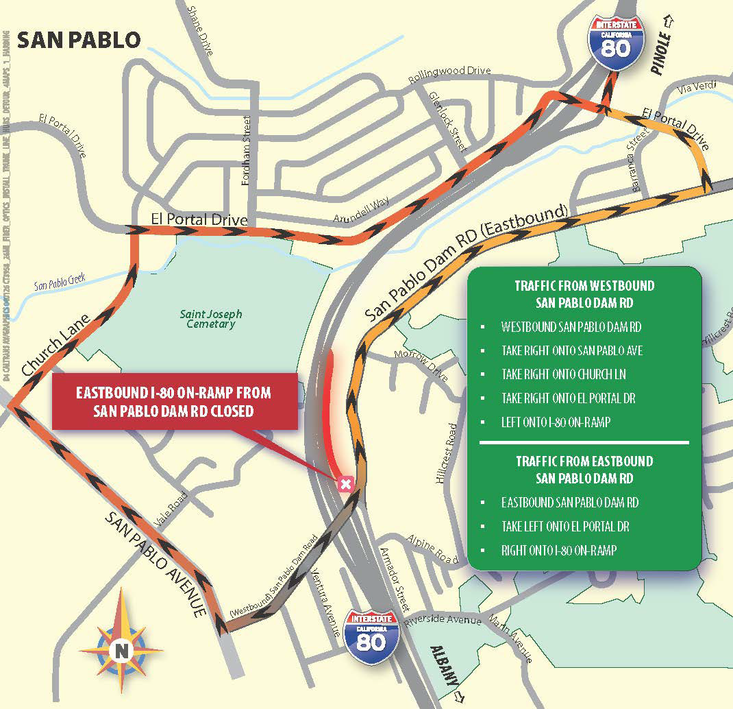 Detour map for Fiber Optic Infrastructure Installation Along I-80 In Contra Costa Solano and Alameda Counties. Eastbound I-80 On-Ramp from San Pablo Dam Rd Closed. Traffic from Westbound San Pablo Dam Rd. Take right onto San Pablo Ave., take right onto Church Ln, take right onto El Portal Dr., Left onto I-80 On-Ramp. Traffic from Eastbound San Pablo Dam Rd. Take left onto El Portal Dr, right onto i-80 on-ramp.