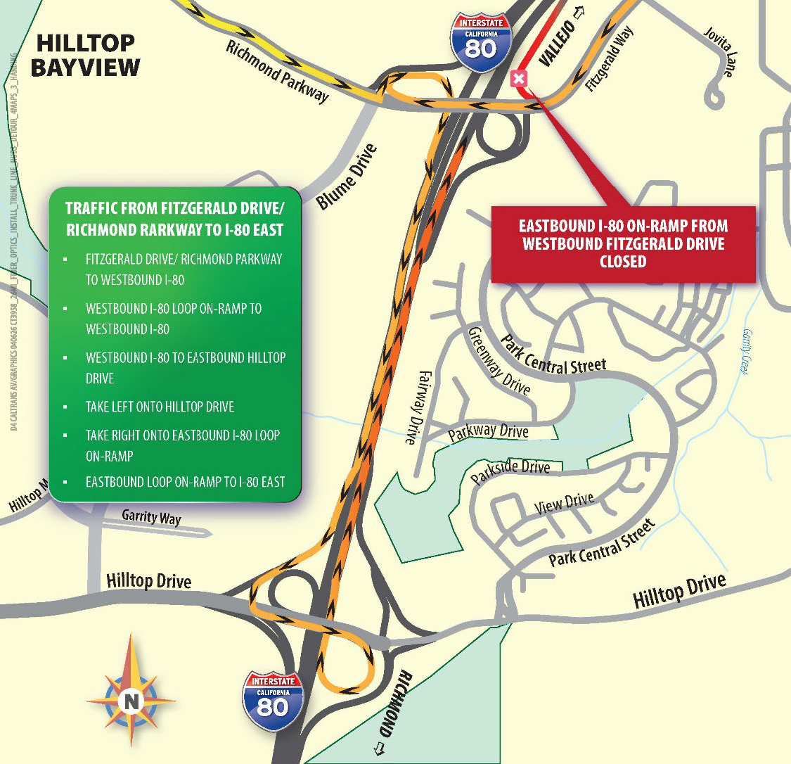 Detour map for Fiber Optic Infrastructure Installation Along I-80 In Contra Costa Solano and Alameda Counties. Eastbound I-80 loop on-ramp from Eastbound Richmond Parkway/Fitzgerald Drive closed. Traffic from Richmond Parkway/Fitzgerald Drive to I-80 East. Richmond Parkway/Fitzgerald Drive to Appian Way, take left onto Appian Way, Appian Way Eastbound Right Lane to Eastbound I-80 Diagonal on-ramp, Eastbound I-80 diagonal on-ramp to I-80 East.