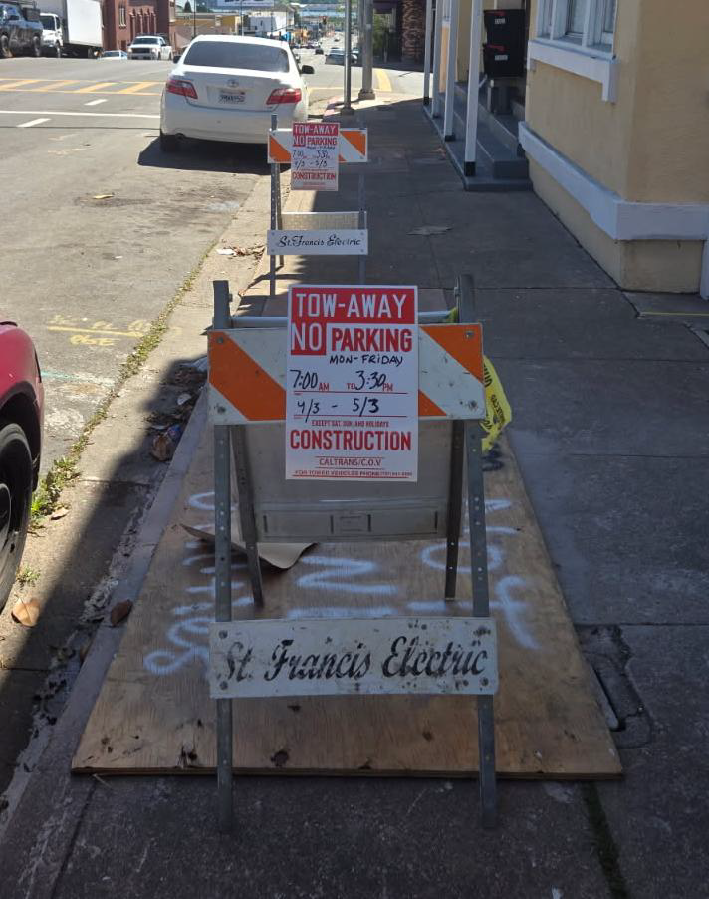 No parking signs along State Route 29 where daytime single lane closures in various locations will take place for the SR-29 (Sonoma Blvd) Complete Street and Rehabilitation Project.