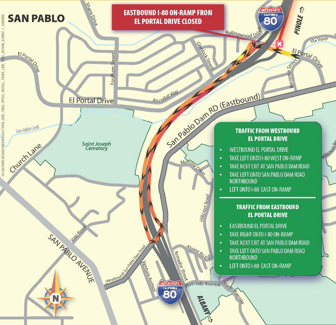 Detour map for Fiber Optic Infrastructure Installation Along I-80 In Contra Costa Solano and Alameda Counties. Eastbound I-80 on-ramp from El Portal Drive Closed; Traffic from Westbound El Portal Drive, take left onto I-80 West on-ramp, take next exit at San Pablo Dam Road, take left onto San Pablo Dam Road Northbound, left onto I-80 East On-ramp. Traffic from Eastbound El Portal Drive; Take right onto I-80 On-ramp, take next exit at San Pablo Dam Road, take left onto San Pablo Dam road Northbound, left onto I-80- East On-ramp.