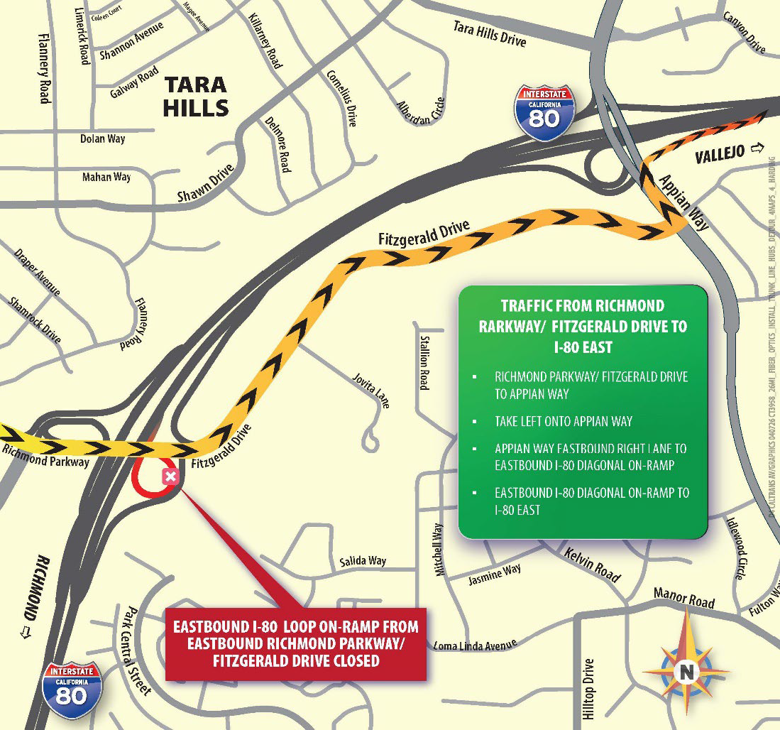 Detour map for Fiber Optic Infrastructure Installation Along I-80 In Contra Costa Solano and Alameda Counties. Eastbound I-80 Loop on-ramp from Eastbound Richmond Parkway/Fitzgeerald Drive closed. Richmond parkway/Fitzgerald Drive to Appian Way, take left onto Appian Way, Appian Way Eastbound Right lane to Eastbound I-80 Diagonal on ramp, Eastbound I-80 Diagonal on-ramp yo I-80 East