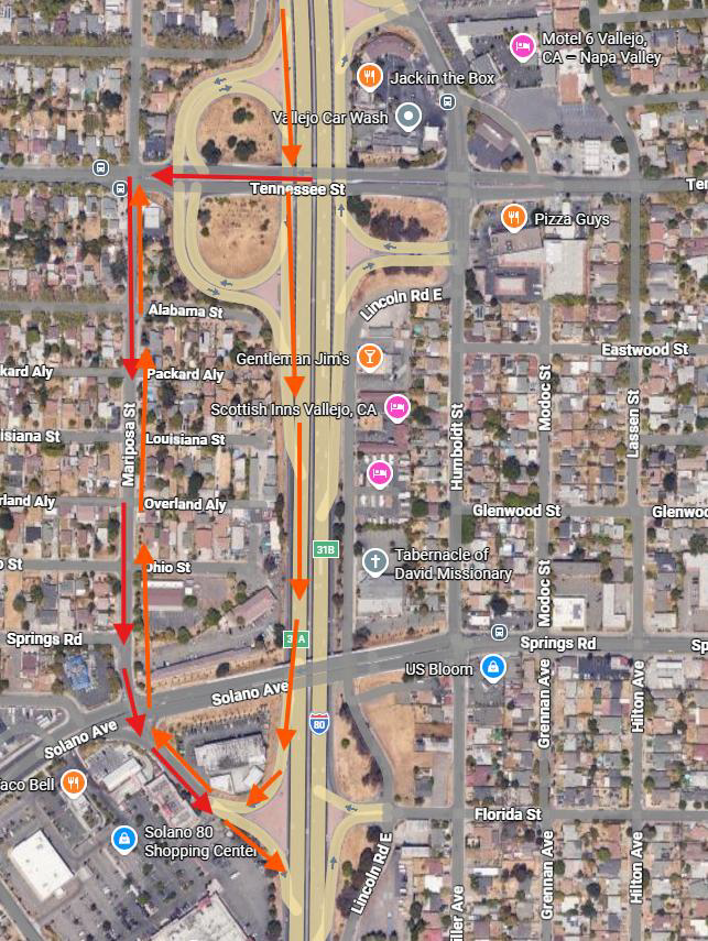 Detour map of Daytime Ramp Closure of Westbound On/off Ramp of Interstate 80 (I-80) at Tennessee St. in Vallejo,  Solano County. WB I-80 Off-Ramp at Tennessee St.; Motorists who want to exit I-80 will need to continue on I-80 and take Exit Solano Ave/Springs Rd (31 A). Cross Solano Ave., then continue on Mariposa St. to Tennessee St.; WB I-80 On-Ramp from Tennessee St.; Motorist on Tennessee St. will need to turn on Mariposa St. toward Solano Ave. then cross Solano Ave and take WB I-80 On-Ramp.