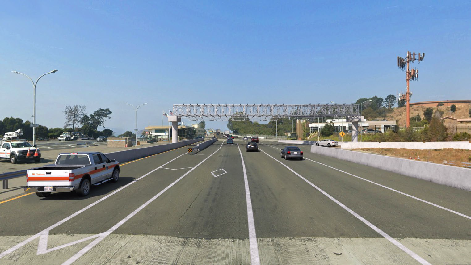 Cars traveling on Interstate 580 towards the Richmond-San Rafael Bridge Temporary Gantry.