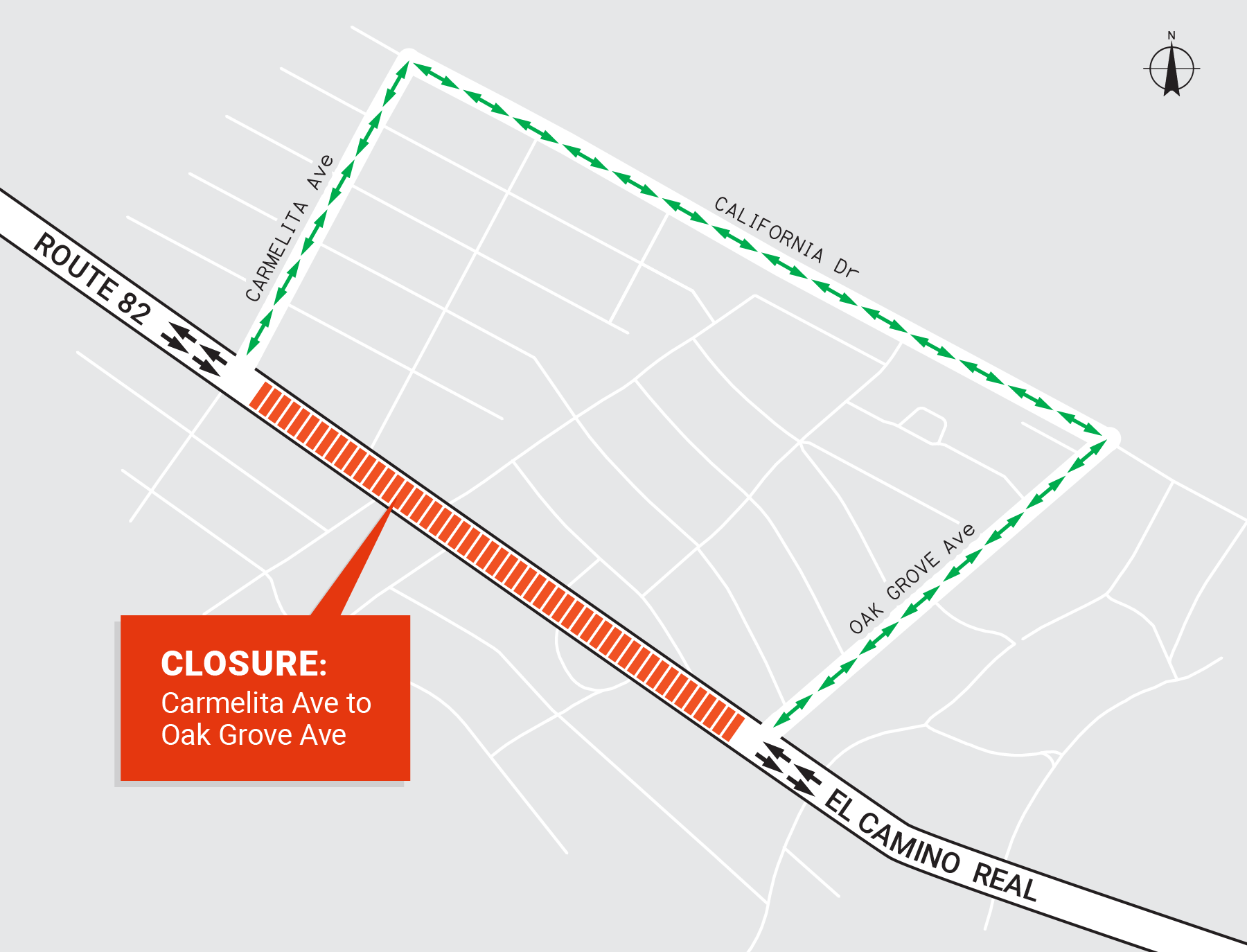 82 El Camino Real Roadway Renewal project detour map.  Detour from Oak Grove to Carmelita   Driving north on El Camino Real, turn right on Oak Grove, left on California, left on Carmelita, and right on El Camino Real.   Driving south on El Camino Real, turn left on Carmelita, right on California, right on Oak Grove, and left on El Camino Real. 