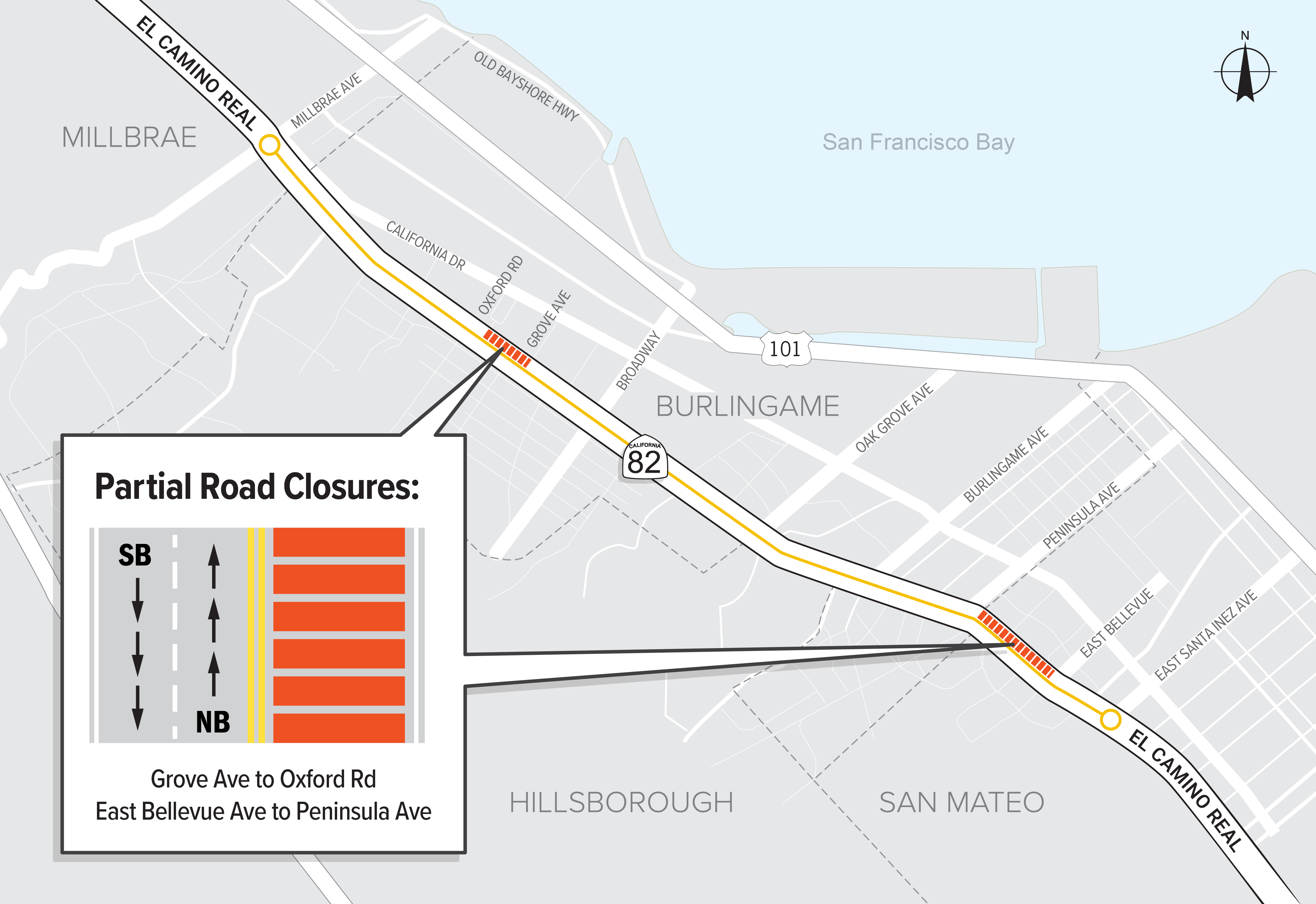 82 El Camino Real Roadway Renewal project closure map. The two northbound lanes will be closed from Grove to Oxford and from East Bellevue to Peninsula.