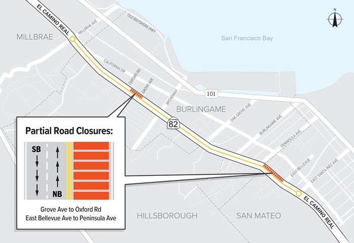82 El Camino Real Roadway Renewal project closure map. The two northbound lanes will be closed from Grove to Oxford and from East Bellevue to Peninsula.  