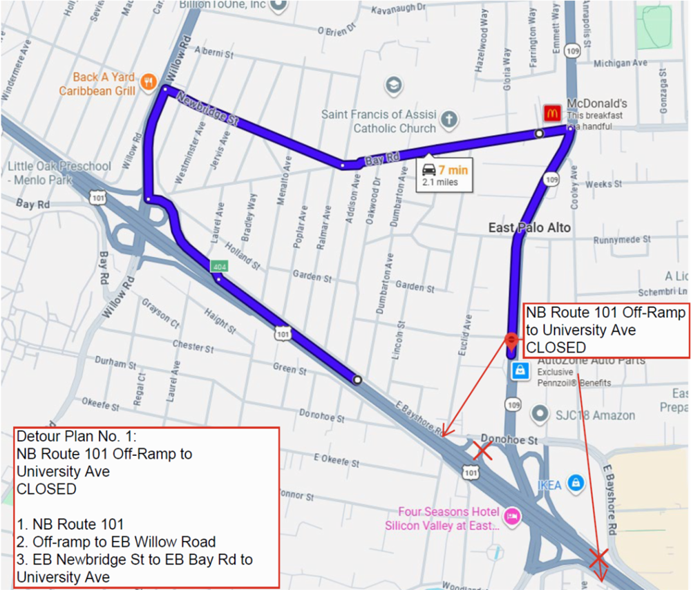 Detour map for Detour Plan No. 1: NB Route 101 Off-Ramp to University Ave CLOSED. 1. NB Route 101. 2. Off-ramp to EB Willow Road. 3. EB Newbridge St to EB Bay Rd to University Ave.