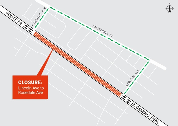 Detour map for the closure of El Camino Real (SR-82) between Lincoln Ave and Rosedale Ave in San Mateo County. Driving north on El Camino Real, turn right on Lincoln, left on California, and left on Rosedale, right on El Camino Real.  Driving south on El Camino Real, turn left on Rosedale, right on California, right on Lincoln, and left on El Camino Real.
