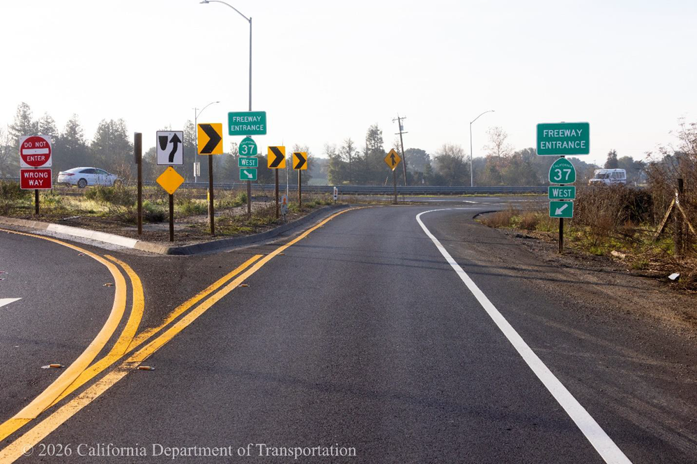 Onramp to westbound State Route 37 in Marin County.