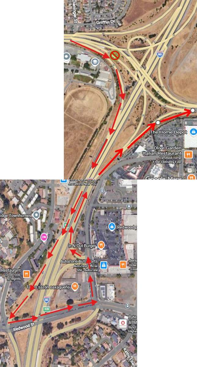 Detour Map: Nighttime Ramp Closure of Eastbound Off Ramp of State Route 37 (SR-37) at Columbus Pkwy in Vallejo, Solano County.