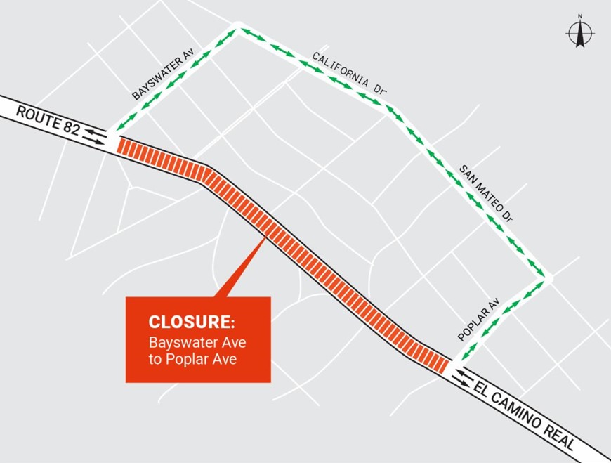 State Route 82 El Camino Real Roadway Renewal Project detour map. Detour fromBayswater to East Poplar; Driving north on El Camino Real, turn right on Poplar, left on San Mateo, continue on California, left on Bayswater, and right on El Camino Real; Driving south on El Camino Real, turn left on Bayswater, right on California, continue on San Mateo, right on East Poplar, and left on El Camino Real.