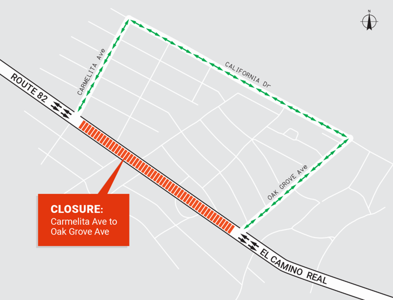 State Route 82 El Camino Real Roadway Renewal Project detour map. Detour from Oak Grove to Carmelita; Driving north on El Camino Real, turn right on Oak Grove, left on California, left on Carmelita, and right on El Camino Real; Driving south on El Camino Real, turn left on Carmelita, right on California, right on Oak Grove, and left on El Camino Real.