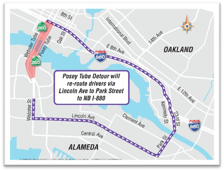 Map of detour and overnight closures of the Posey Tube & Webster Tube on State Route 61. Posey Tube Detour will re-route drivers via Lincoln Ave to Park Street and then onto northbound Interstate 880.