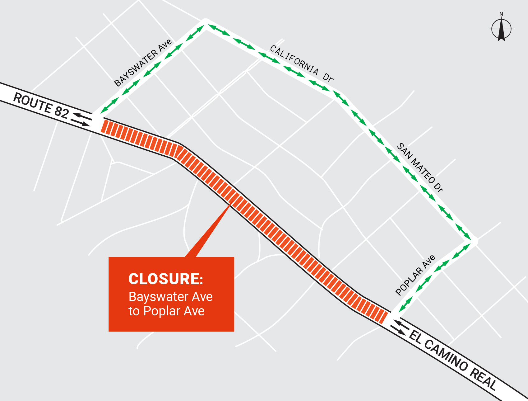 State Route 82 El Camino Real Roadway Renewal Project detour map. Detour fromBayswater to East Poplar; Driving north on El Camino Real, turn right on Poplar, left on San Mateo, continue on California, left on Bayswater, and right on El Camino Real; Driving south on El Camino Real, turn left on Bayswater, right on California, continue on San Mateo, right on East Poplar, and left on El Camino Real. 