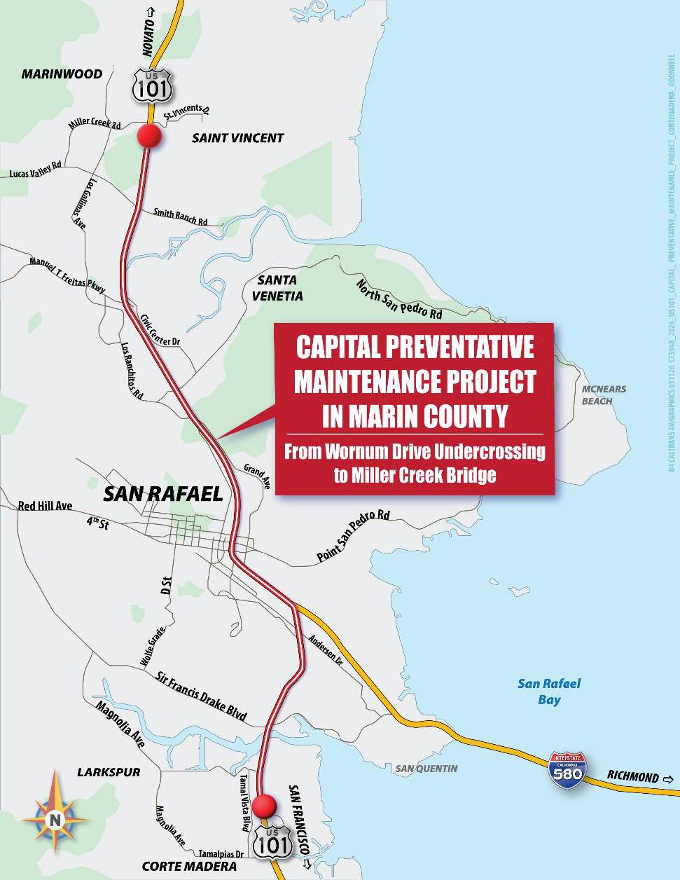 Map location of where multiple lanes scheduled to be closed on Northbound, Southbound US-101 for Capital Preventive Maintenance Project in Marin County from Northbound and  Southbound US-101 from Wornum  Drive to Corte Madera Creek.
