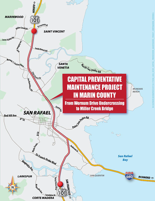 Map location of where multiple lanes scheduled to be closed on Northbound, Southbound US-101 for Capital Preventive Maintenance Project in Marin County from Northbound and  Southbound US-101 from Wornum  Drive to Corte Madera Creek.