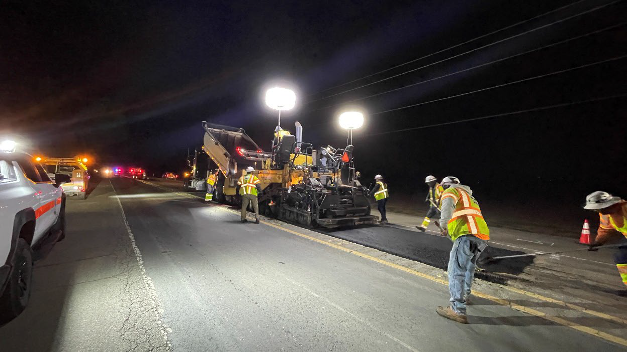 Crews conducting paving work on SR-4 Marsh Creek Road in Contra Costa County