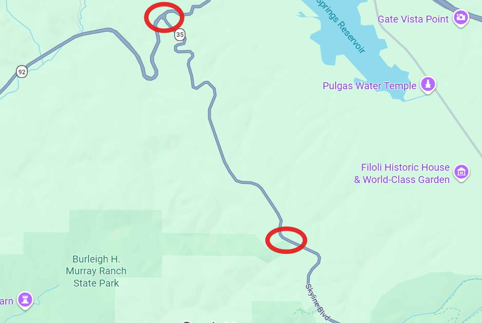 Map showing the locations where Caltrans will be performing vegetation management work on State Route 35 in San Mateo County near Crystal Springs Reservoir. Work will start four miles south of the intersection of State Route 35 and State Route 92 and end at that intersection.