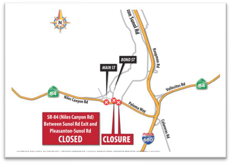 Map showing the closure of State Route 84 between the Sunol Road Exit and Pleasanton-Sunol Road near Sunol in Alameda County.