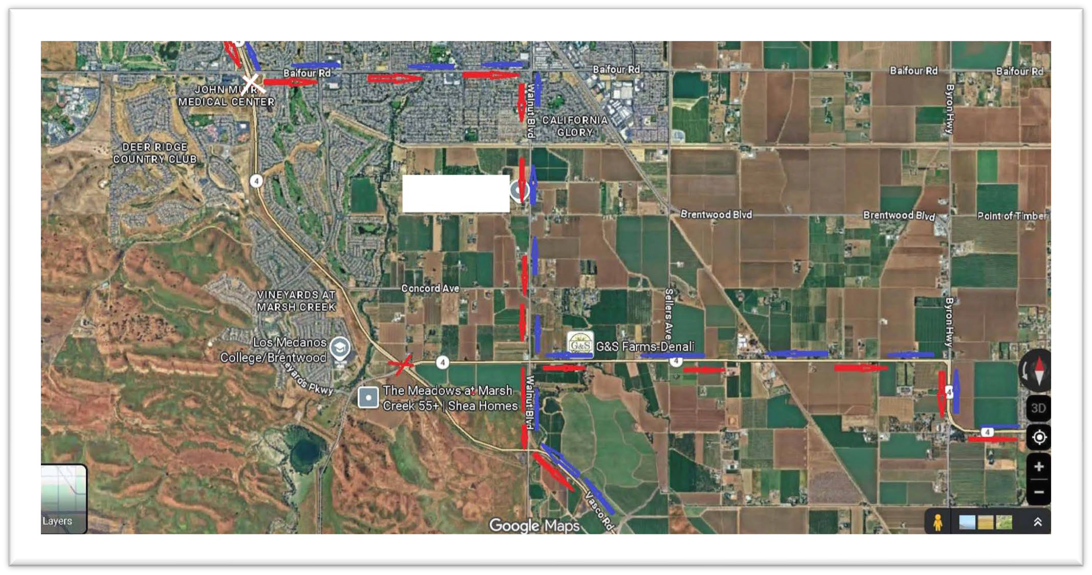 Detour map Eastbound SR-4 Travelers: Traffic from Antioch/Martinez to Discovery Bay/ Byron : Take EB SR-4 Balfour Rd. Exit, turn left on Balfour Rd., continue Balfour Rd., Turn Right on Walnut Blvd, Turn Left on Marsh Creek( SR-4). Traffic from Antioch/Martinez to Livermore: Take EB SR-4 Balfour Rd. Exit, turn left on Balfour Rd., continue Balfour Rd., Turn Right on Walnut Blvd, continue Walnut Blvd, turn left on Vasco Road.