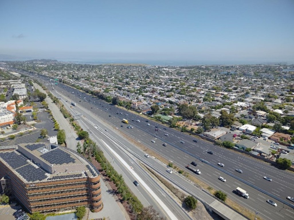 Aerial view of US-101 in San Mateo where the U.S. 101 (San Mateo County) Multi-Asset Rehabilitation & Roadside Safety Project will take place.